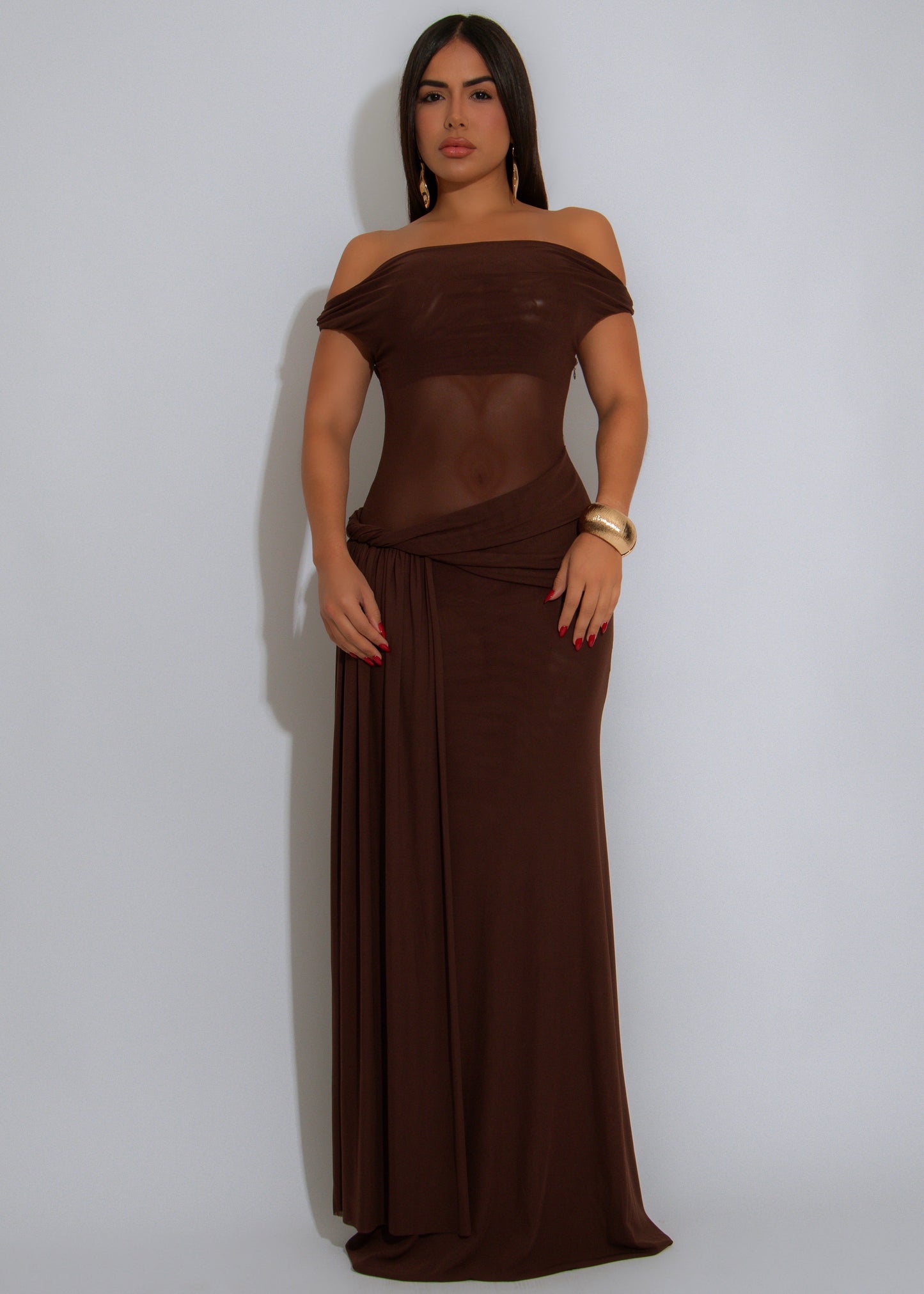 After Dusk Gown Mesh Ruched Maxi Dress Brown