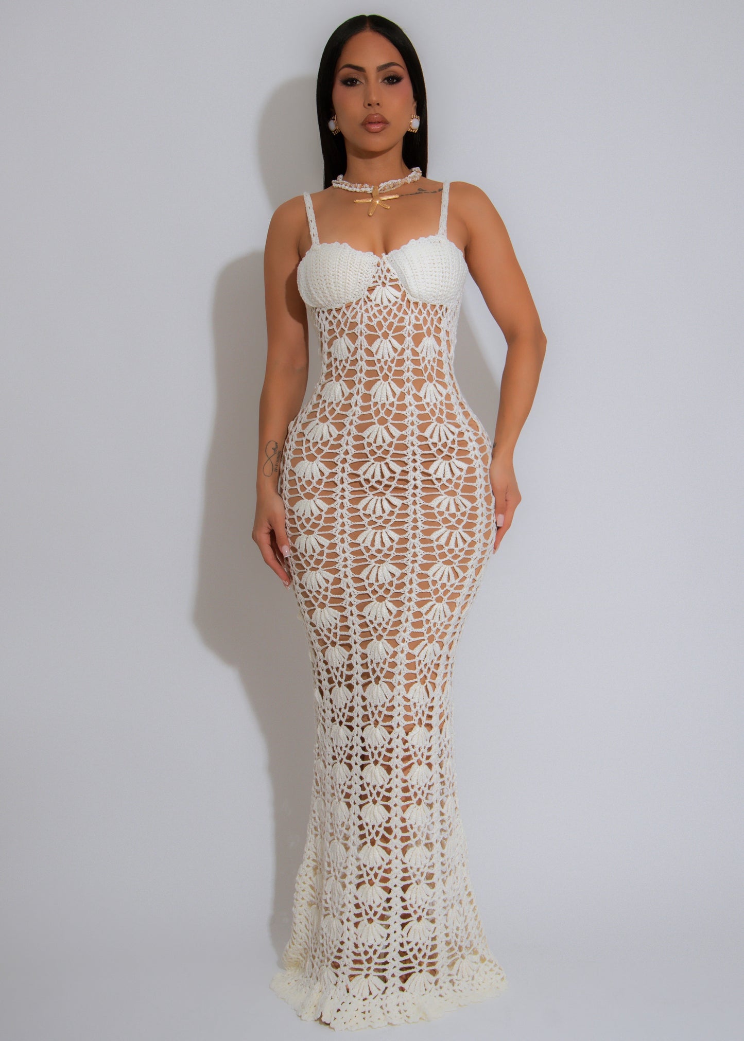 The Seashell Serenade Crochet Maxi Dress White