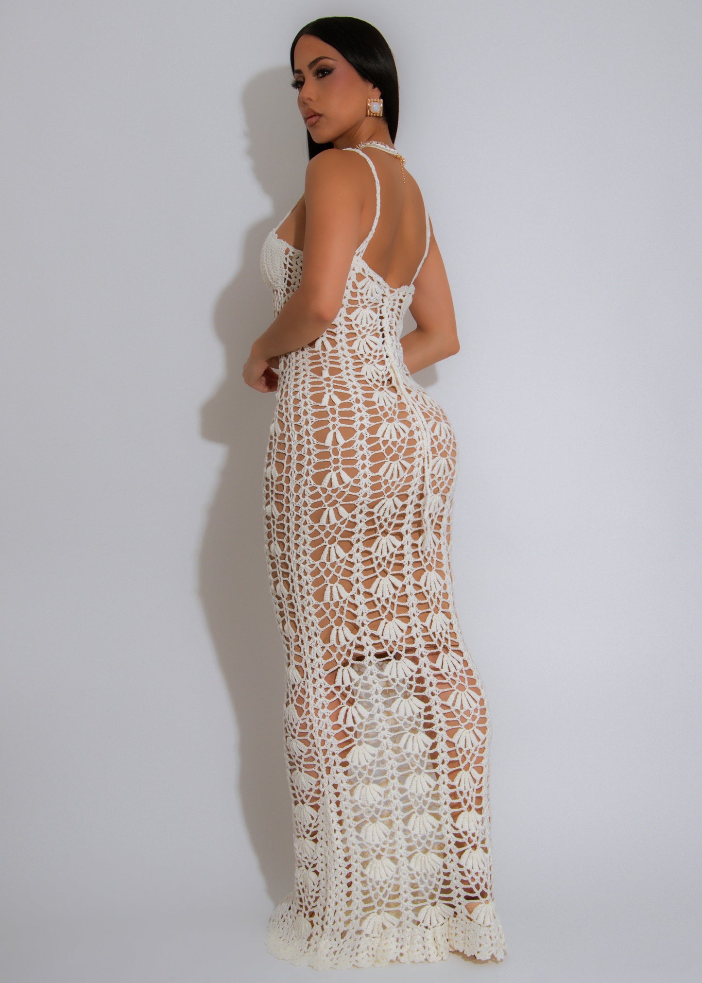 The Seashell Serenade Crochet Maxi Dress White