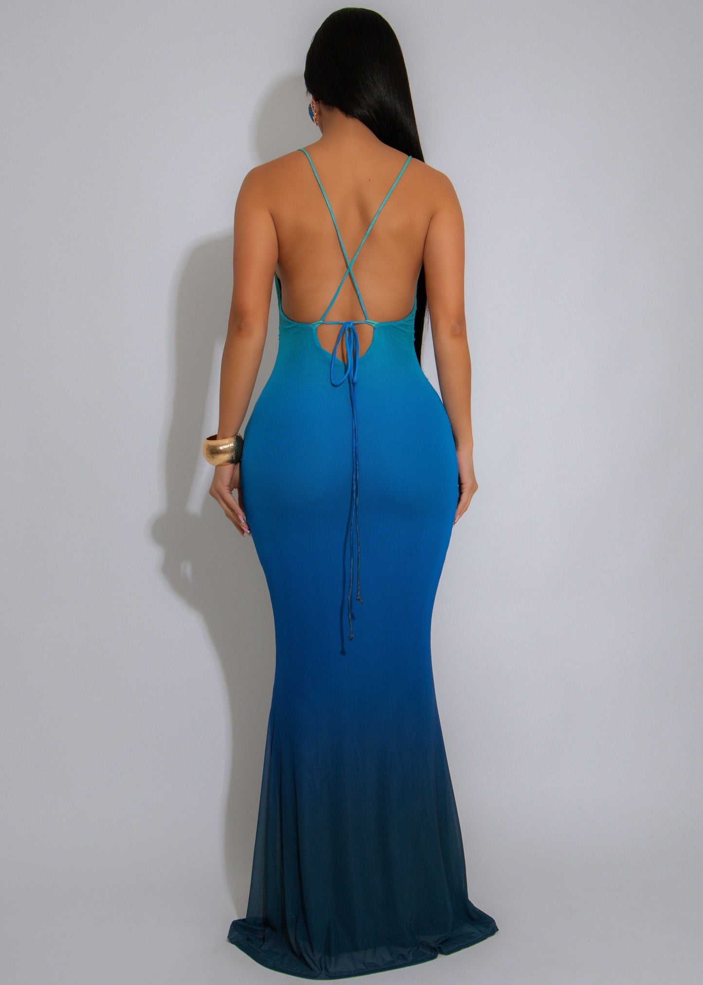 Tidal Rush Mesh Ruched Maxi Dress Blue