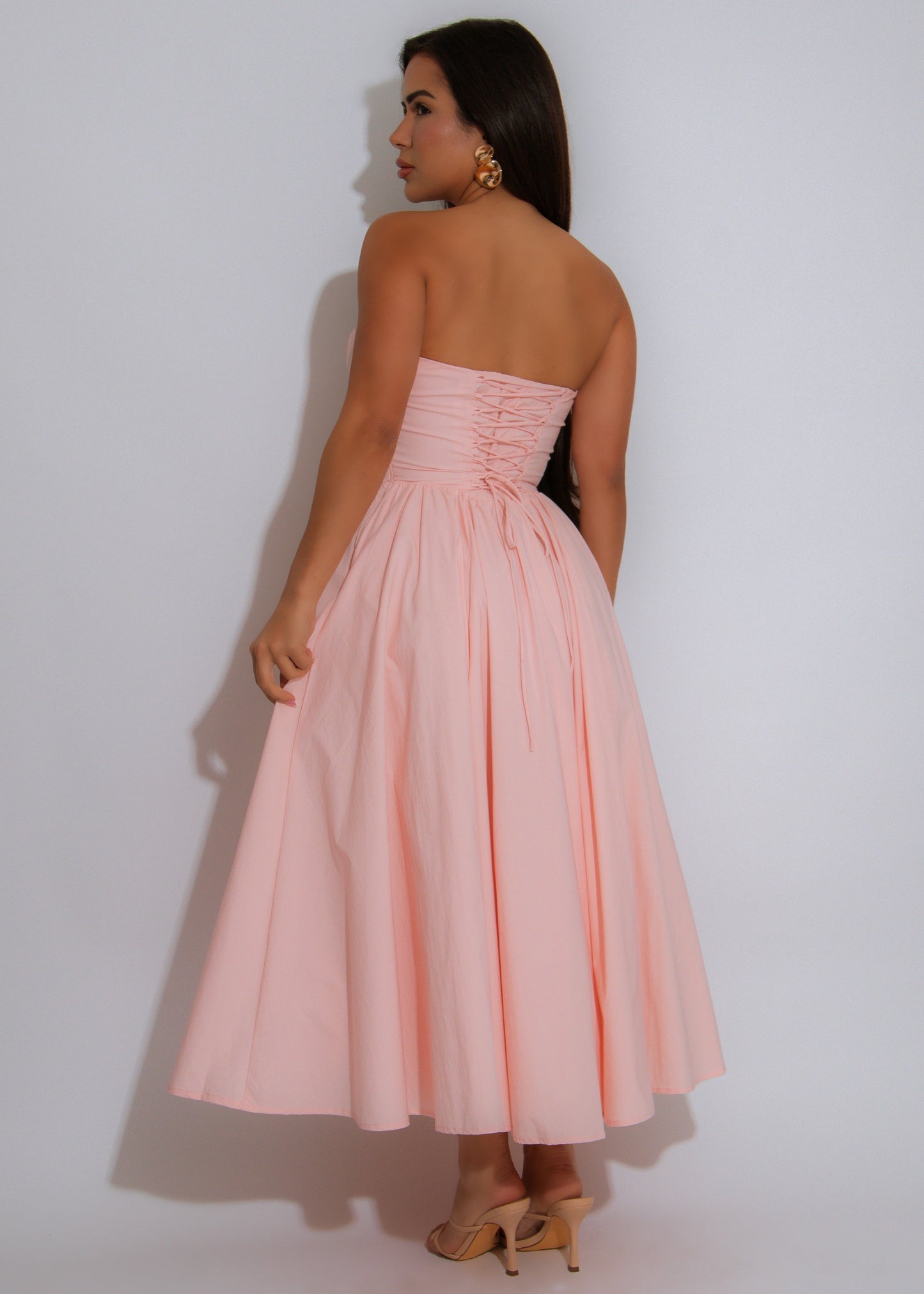 Poised Affair Ruched Midi Dress Pink