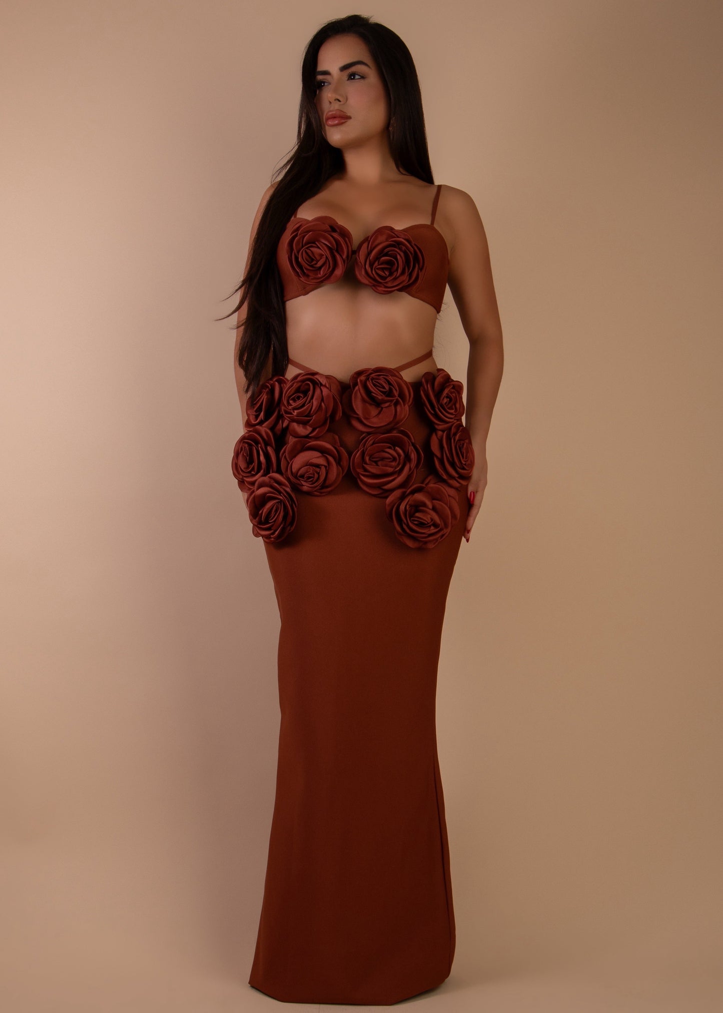 Petal Promise Bandge Floral Skirt Set Brown