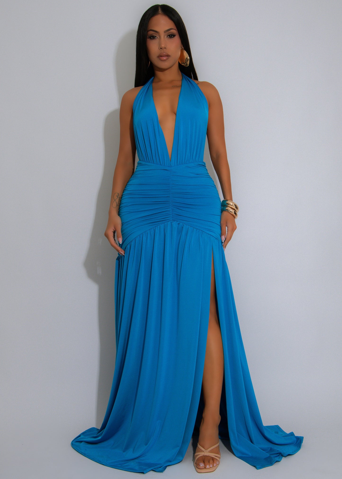 Afterglow Allure Ruched Maxi Dress Blue