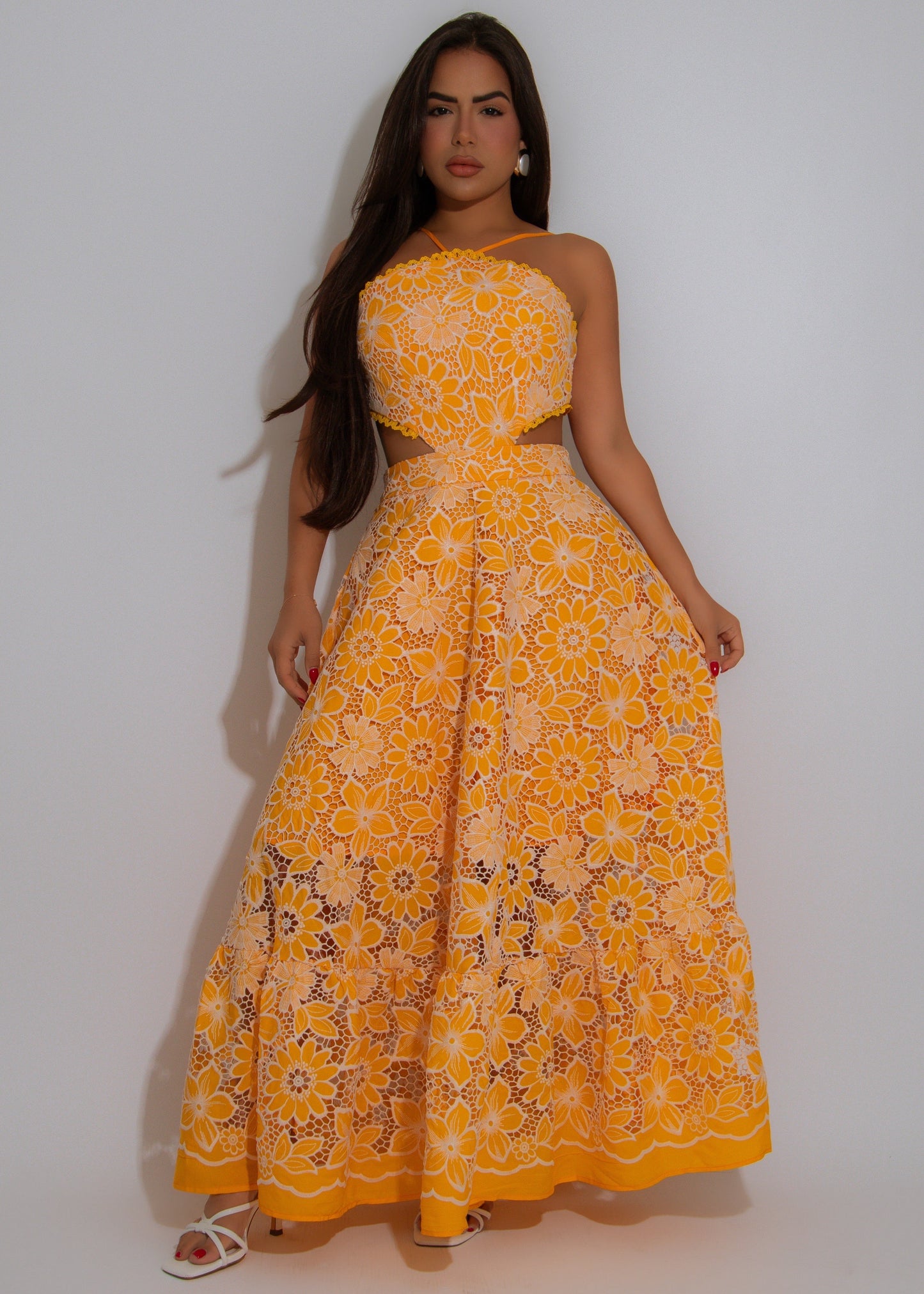 Living A Fairytale Lace Floral Midi Dress Yellow