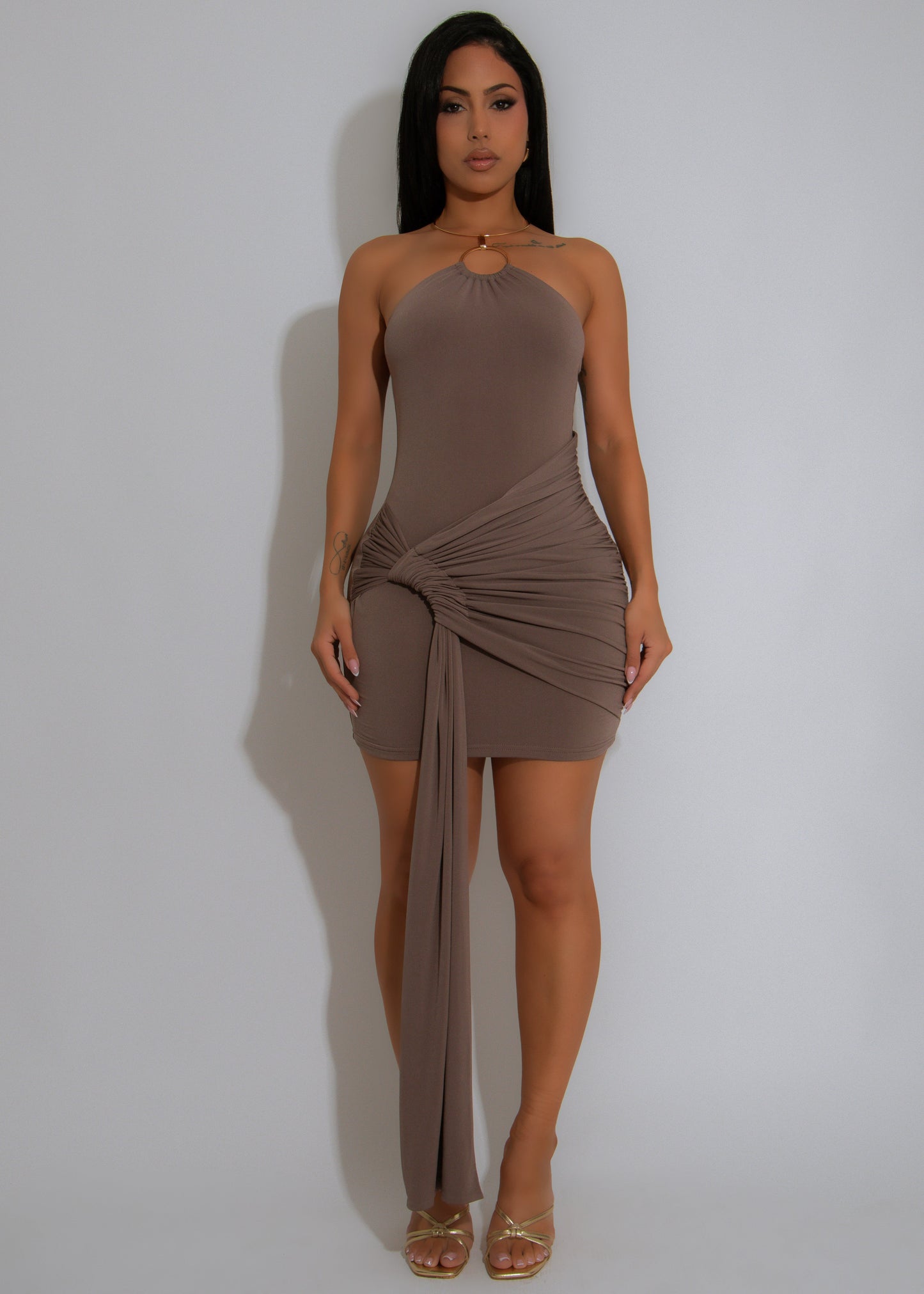 Second Glance Ruched Mini Dress Brown