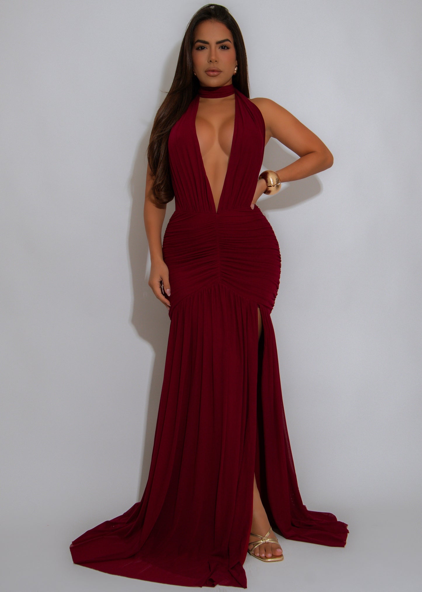 Midnight Ember Ruched Mesh Maxi Dress Red