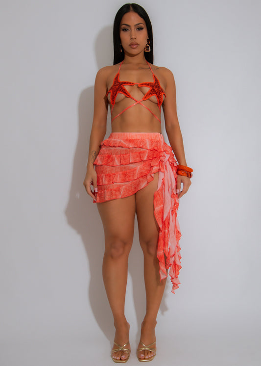 Starfish Daze Mesh Sequin Ruched Skirt Set Orange
