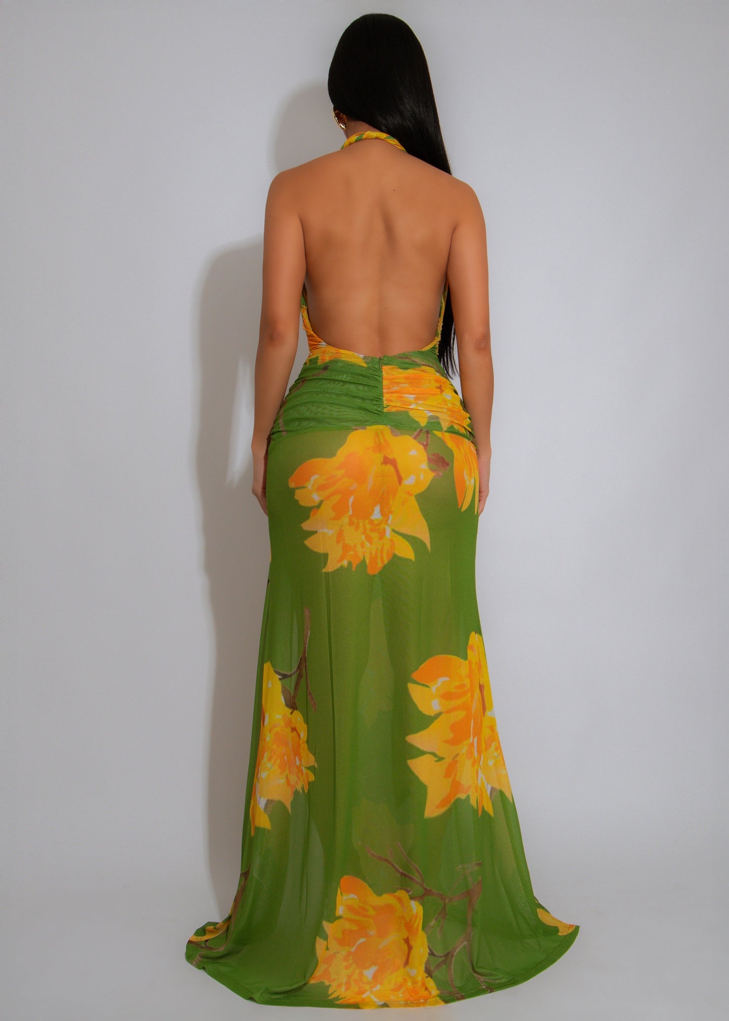 Bloomed Allure Floral Ruched Mesh Maxi Dress Green