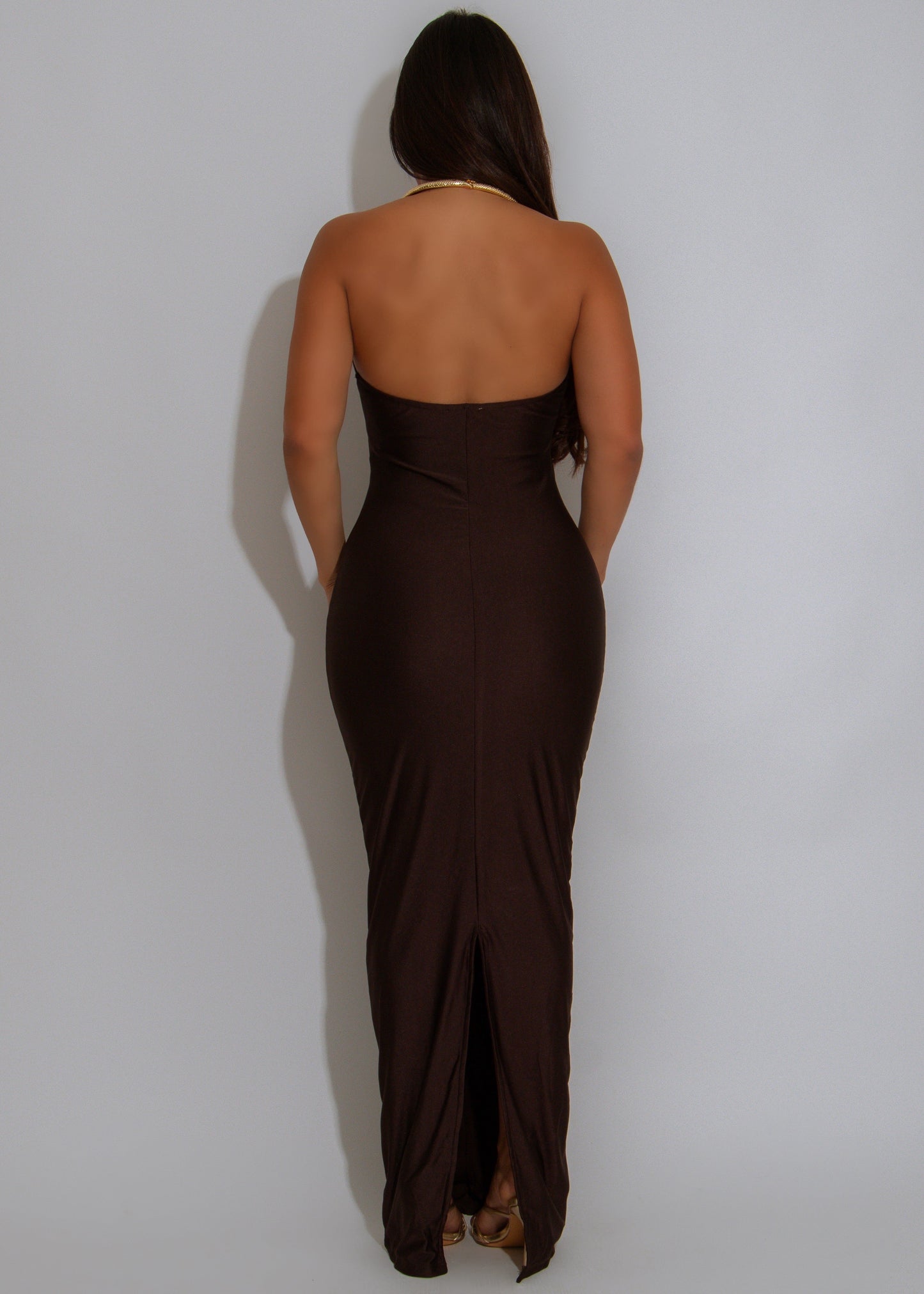 Goddess Knot Ruched Maxi Dress Brown