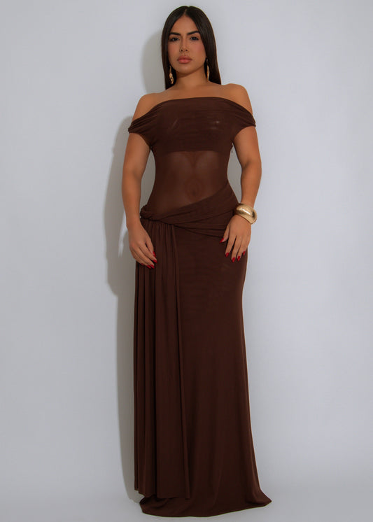 After Dusk Gown Mesh Ruched Maxi Dress Brown