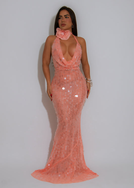 Ocean Siren Sequin Floral Mesh Maxi Dress Orange