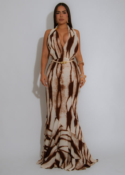 Savanna Heat Ruched Maxi Dress Brown