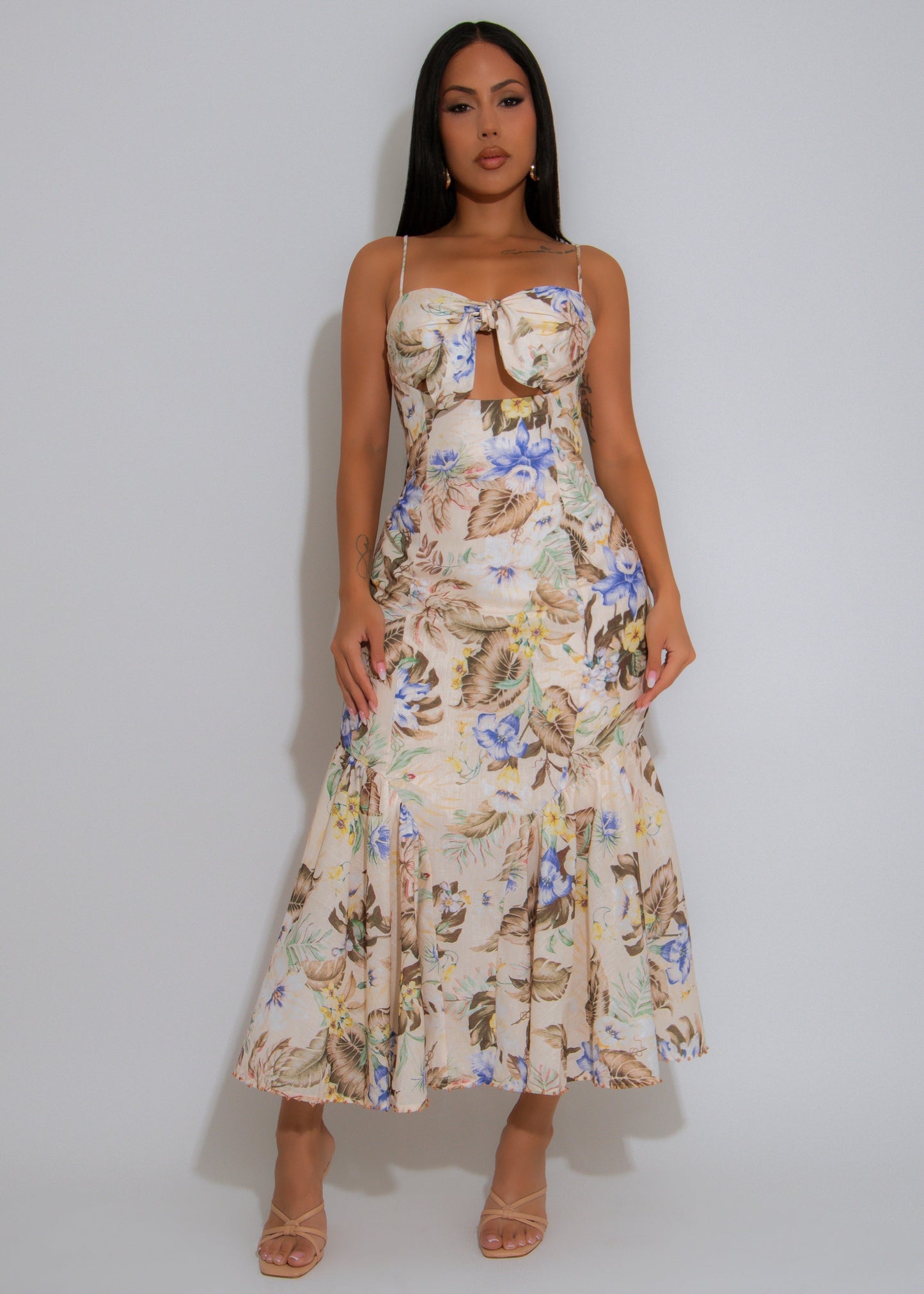 Sweetest Floral Crush Ruched Midi Dress Nude