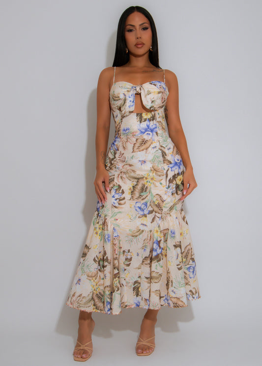 Sweetest Floral Crush Ruched Midi Dress Nude