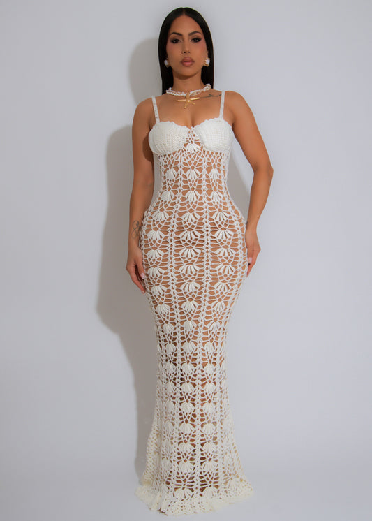 The Seashell Serenade Crochet Maxi Dress White