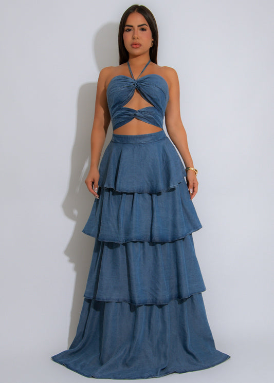 Canyon Ruffle Ruched Maxi Dress Denim
