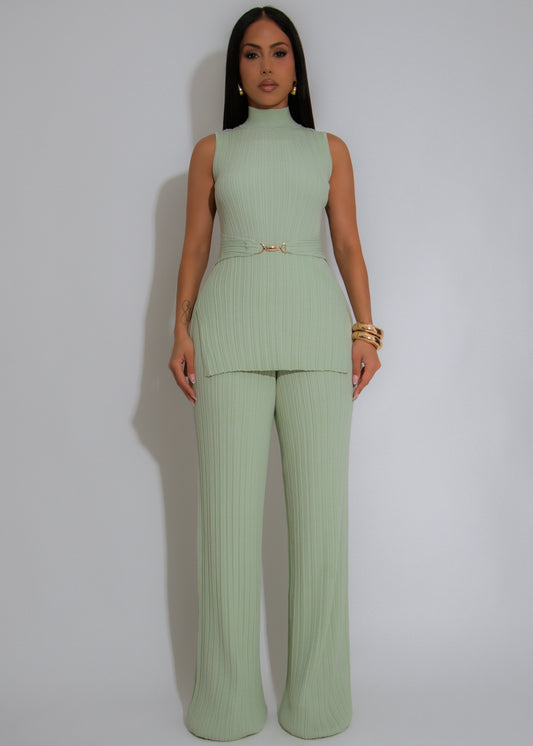The Draped Aura Ribbed Pant Set Green