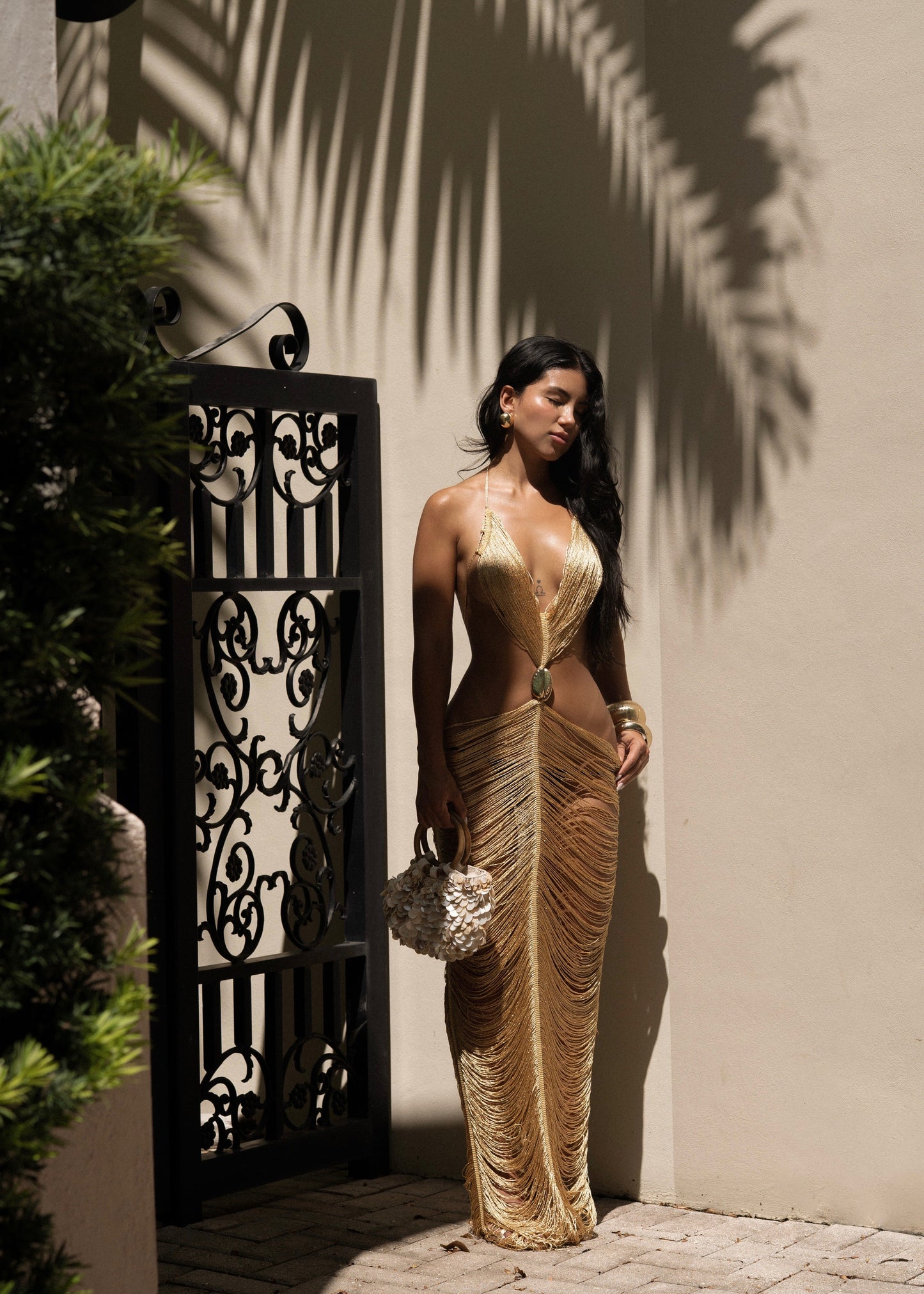 Goddess Tide Gown Shell Maxi Dress Gold