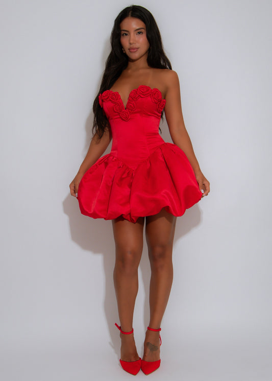 Rosette Romance Floral Satin Ruched Mini Dress Red