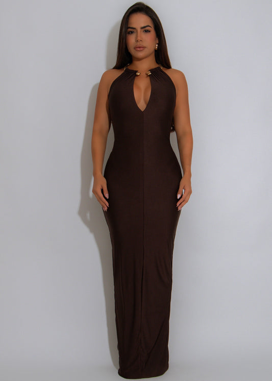 Goddess Knot Ruched Maxi Dress Brown