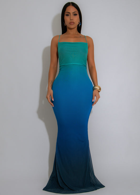 Tidal Rush Mesh Ruched Maxi Dress Blue