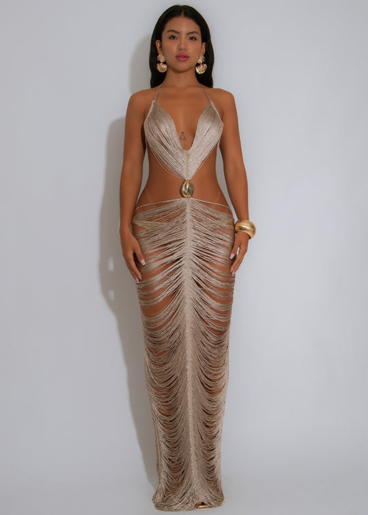 Goddess Tide Gown Shell Maxi Dress Silver