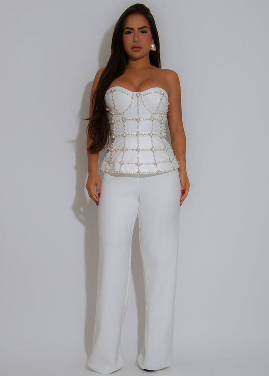 Gridlock Glam Rhinestone Pearl Pant Set White