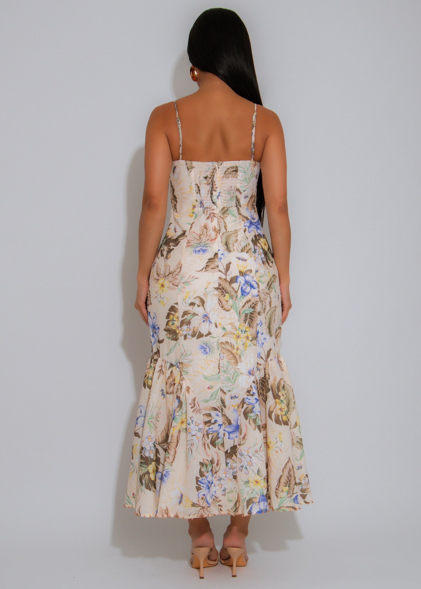 Sweetest Floral Crush Ruched Midi Dress Nude