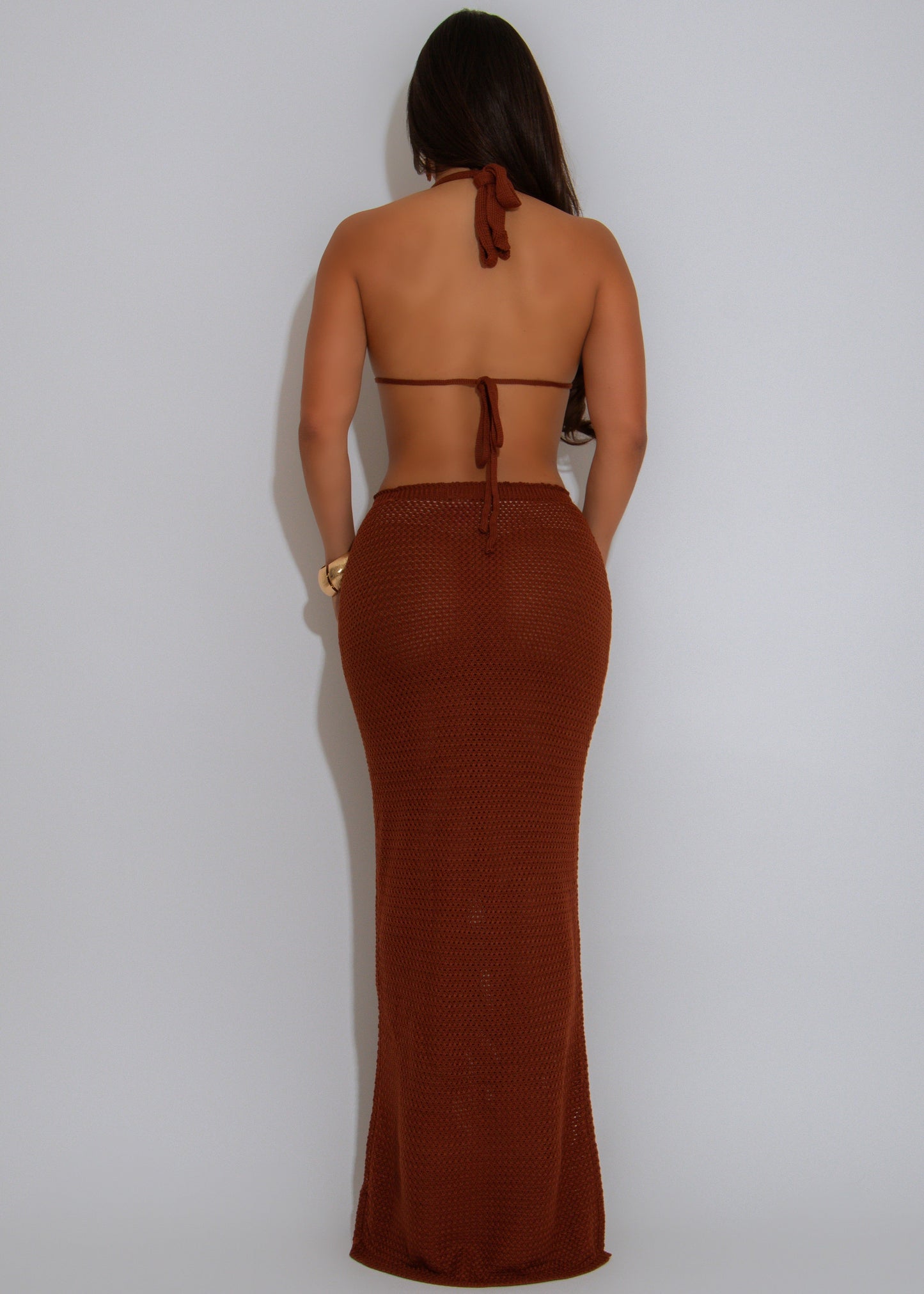 Seashore Glow Crochet Shell Maxi Dress Brown