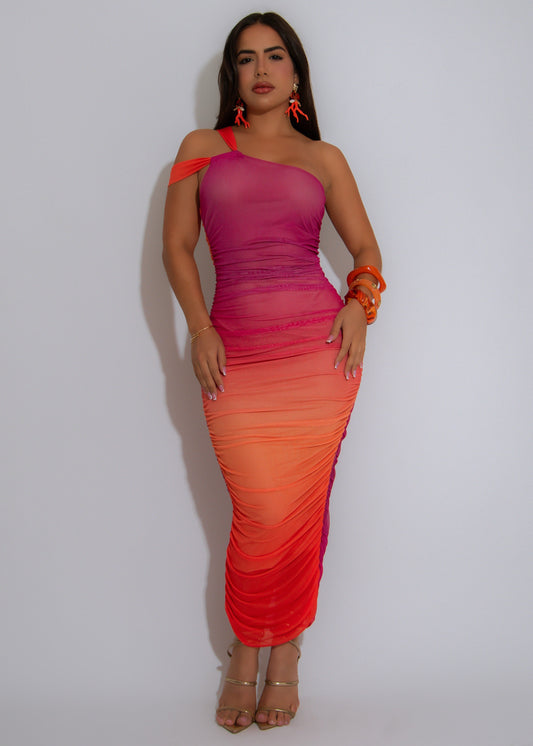 Sunset Rush Ruched Mesh Midi Dress Pink