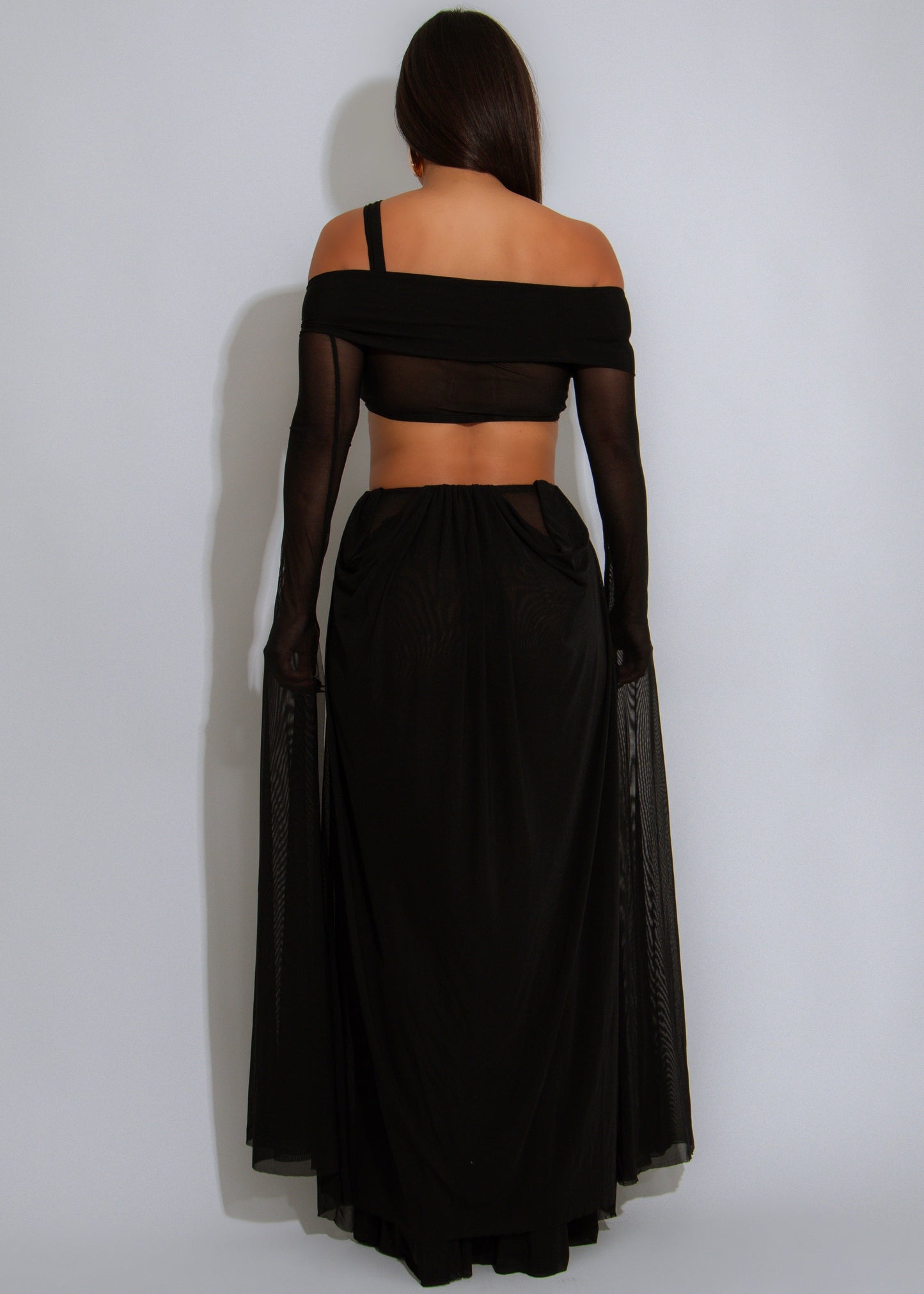 Enchanted Veil Ruched Mesh Maxi Dress Black