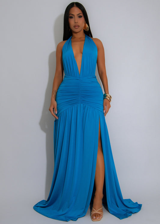 Afterglow Allure Ruched Maxi Dress Blue