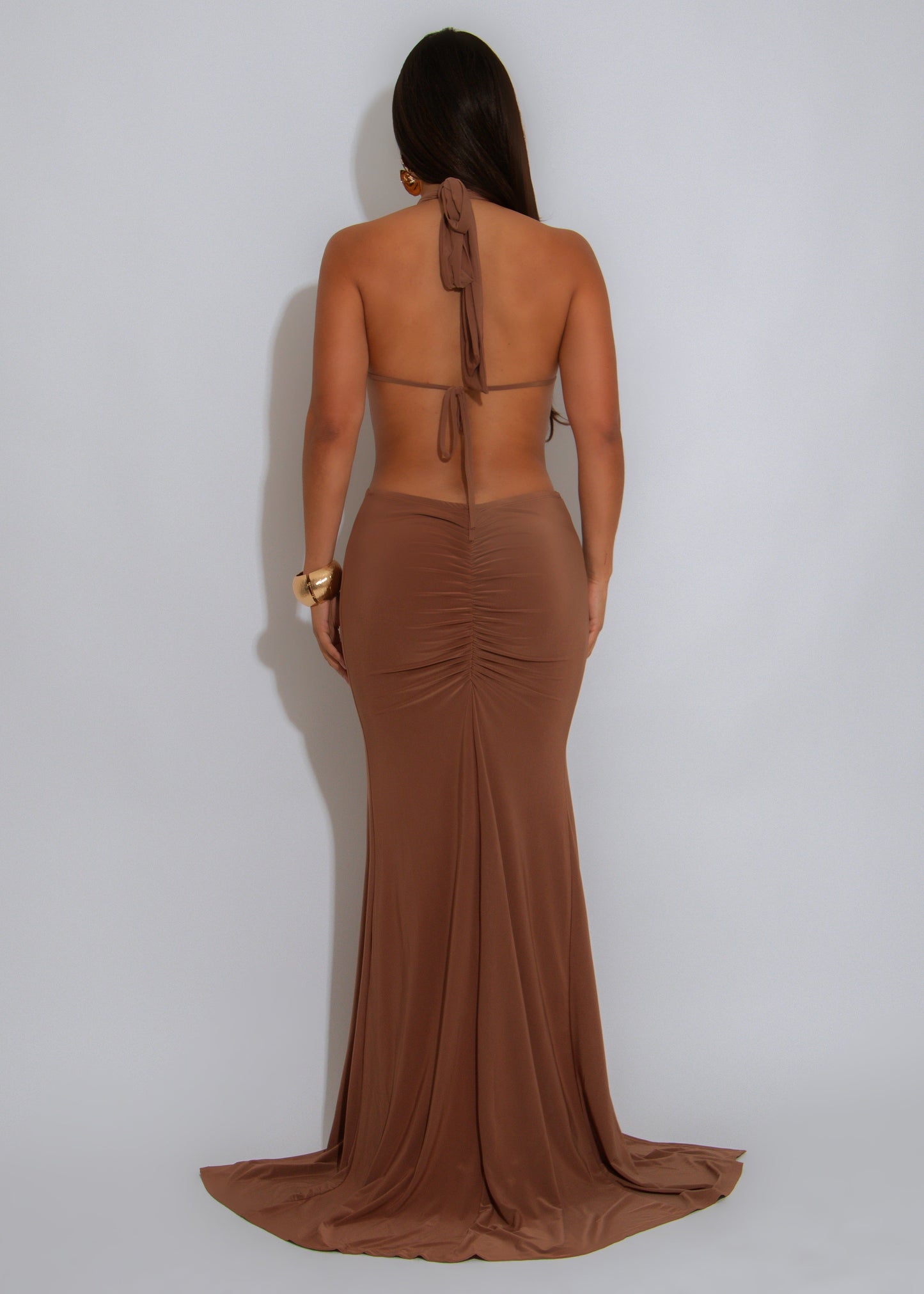Dark Seduction Ruched Maxi Dress Brown