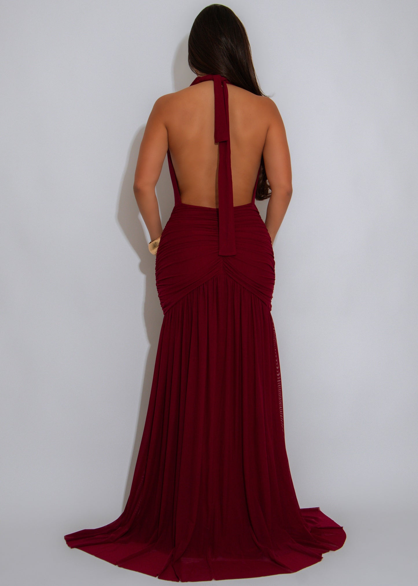 Midnight Ember Ruched Mesh Maxi Dress Red