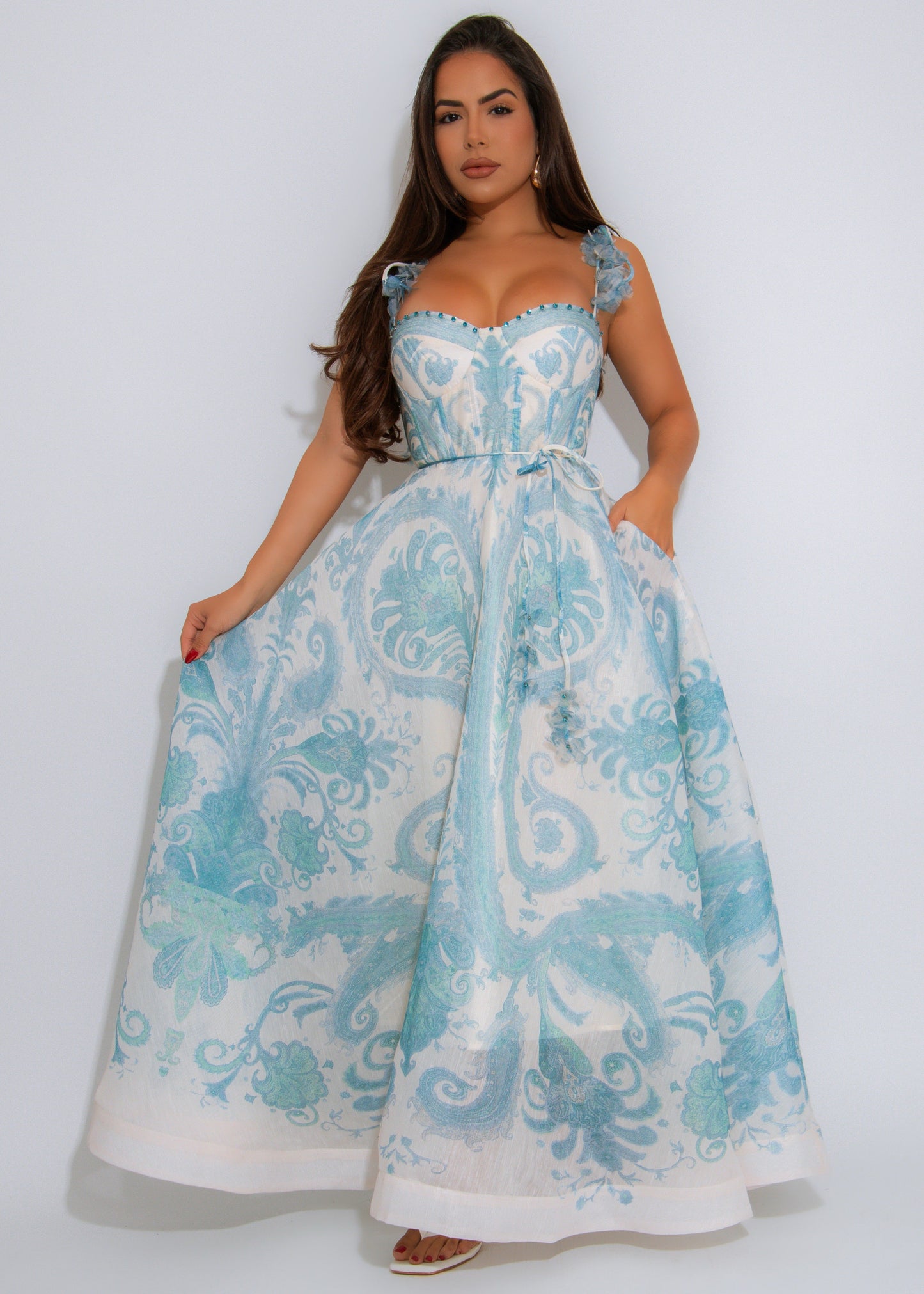 Radiant Garden Floral Rhinestones Midi Dress Blue