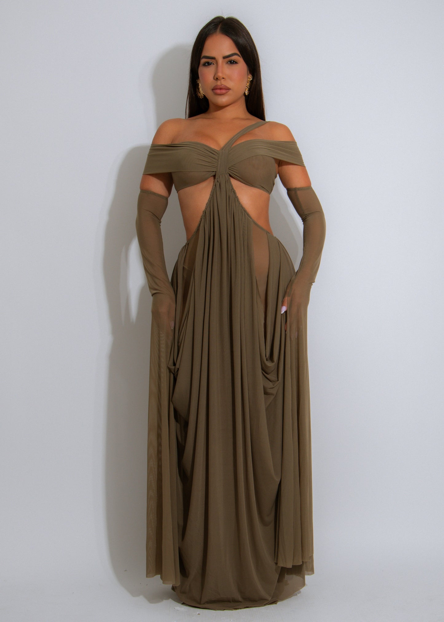 Enchanted Veil Ruched Mesh Maxi Dress Green