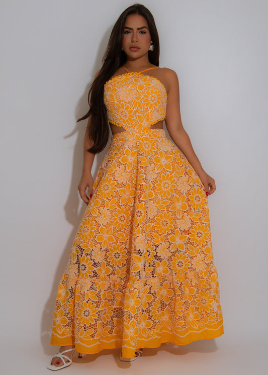 Living A Fairytale Lace Floral Midi Dress Yellow