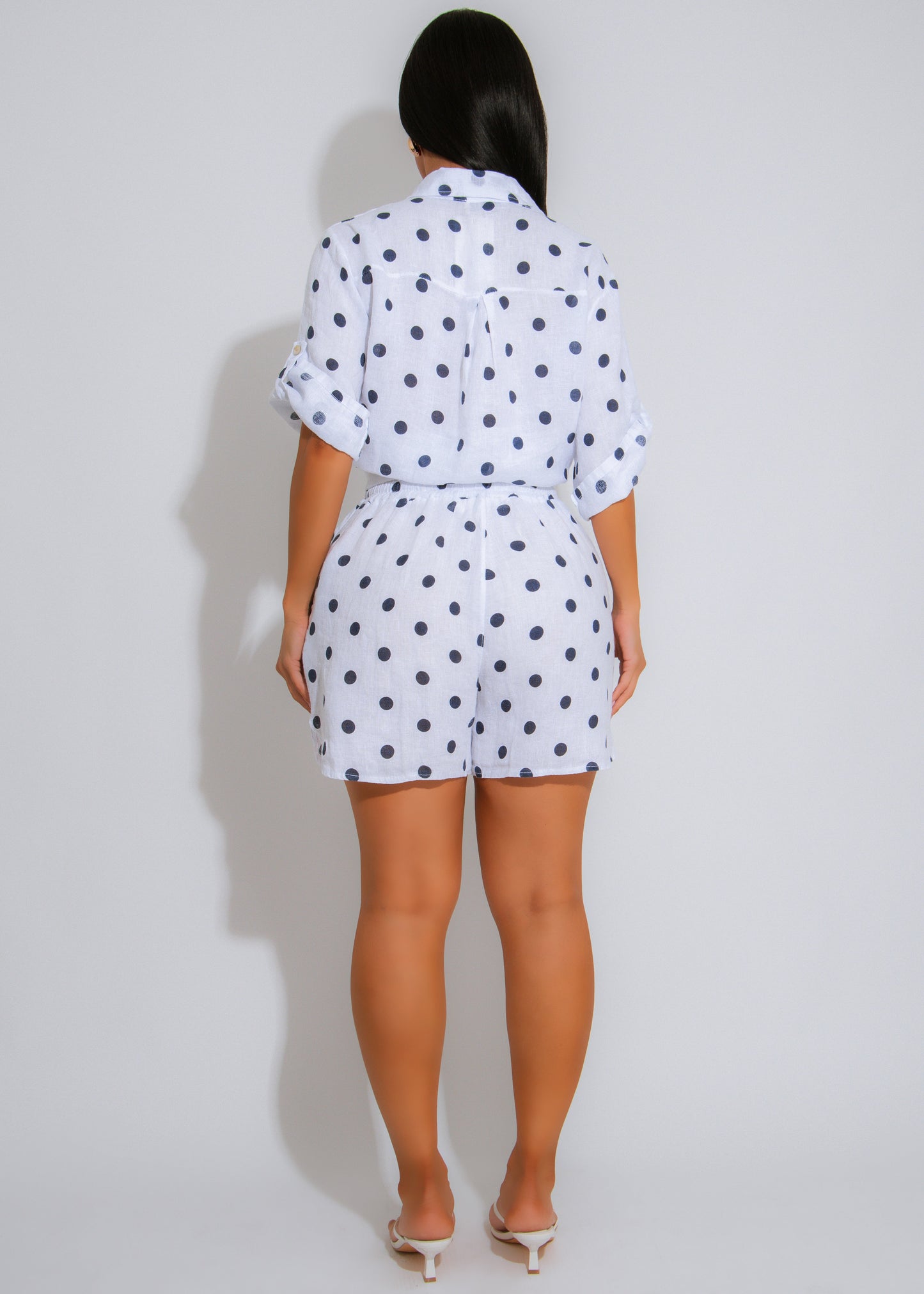 Polka Breeze Linen Short Set White