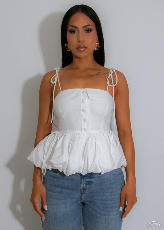 Ruffle Bloom Ruched Long Top White