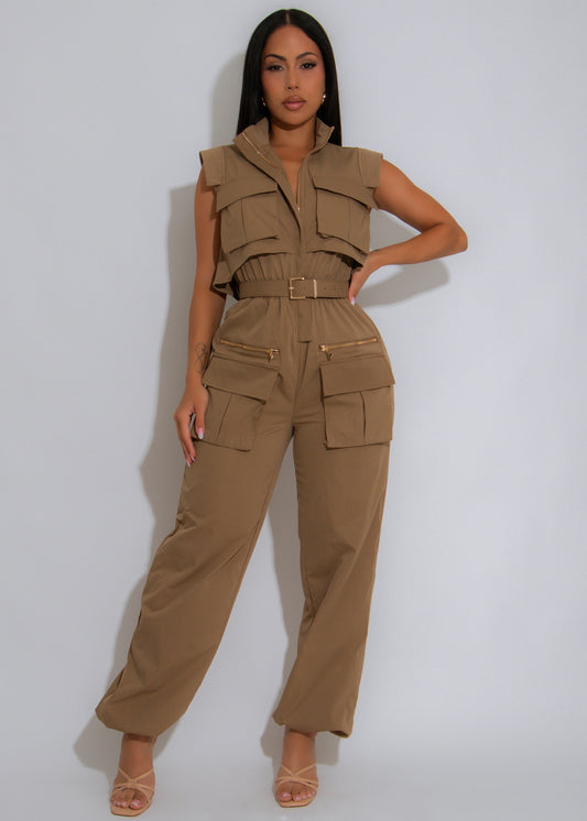 Forgive The Night Ruched Cargo Jumpsuit Green