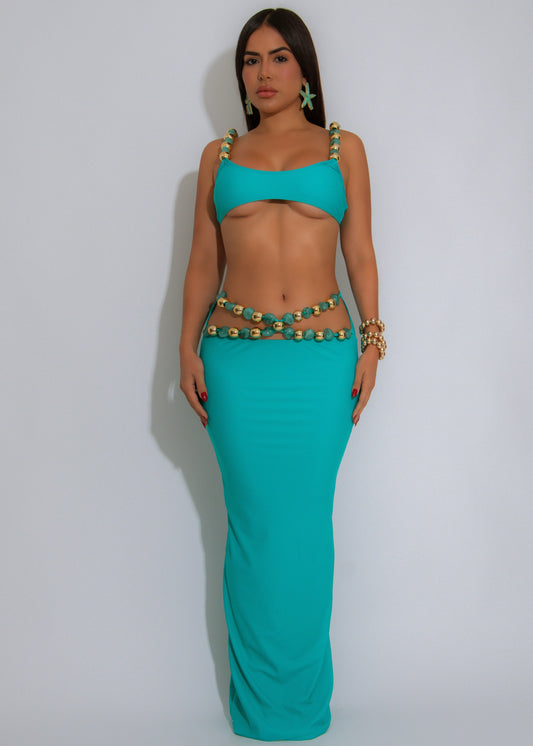 Golden Glamour Beaded Skirt Set Blue