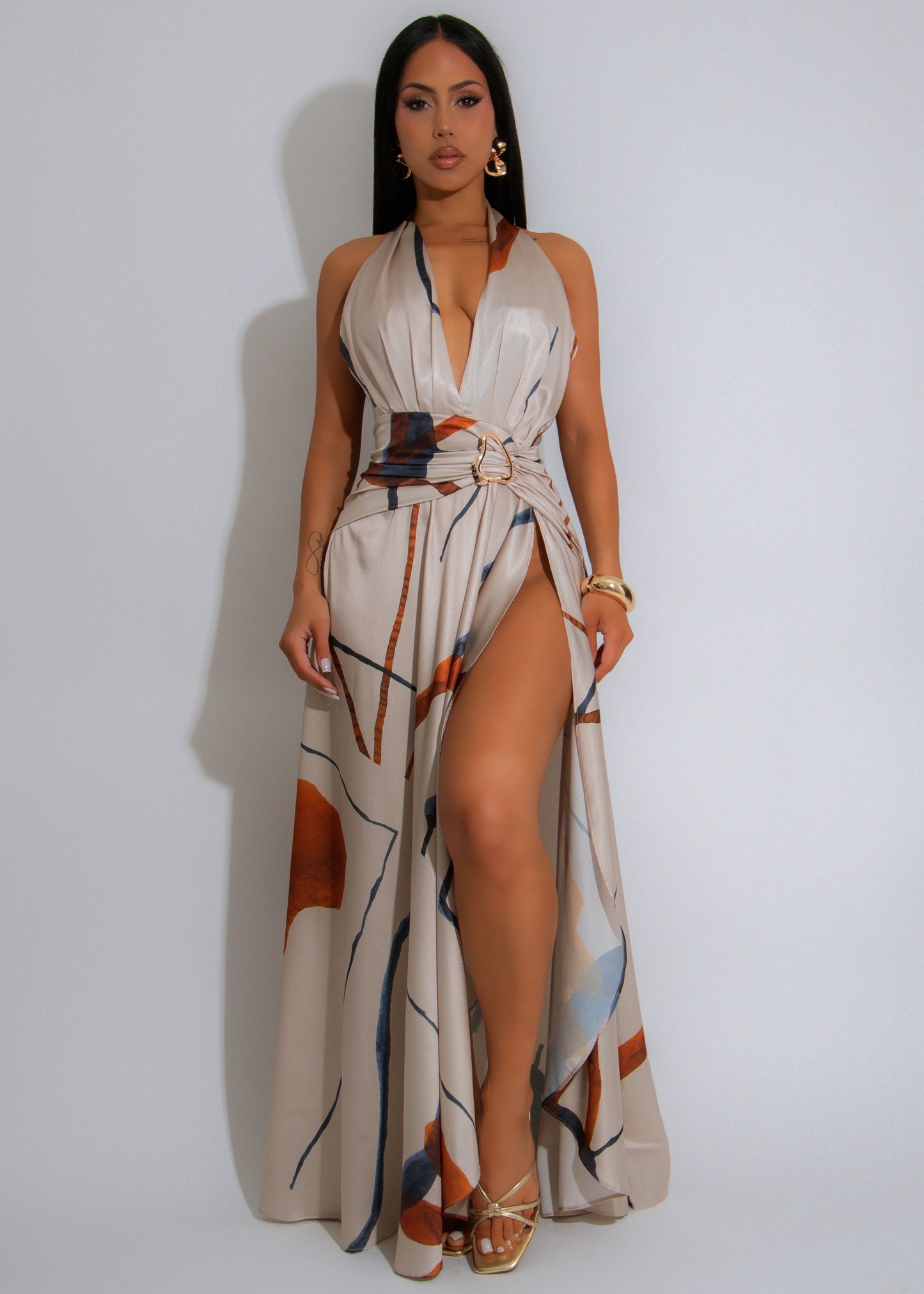 Painted Mirage Satin Ruched Maxi Dress Nude