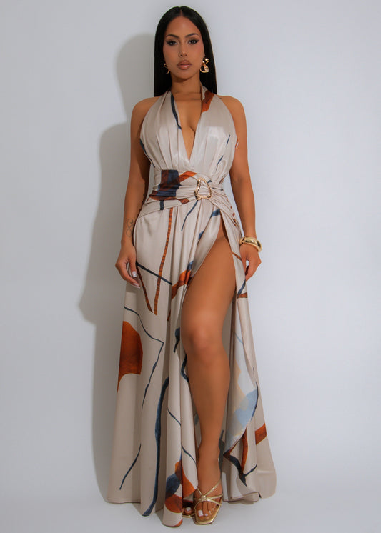 Painted Mirage Satin Ruched Maxi Dress Nude