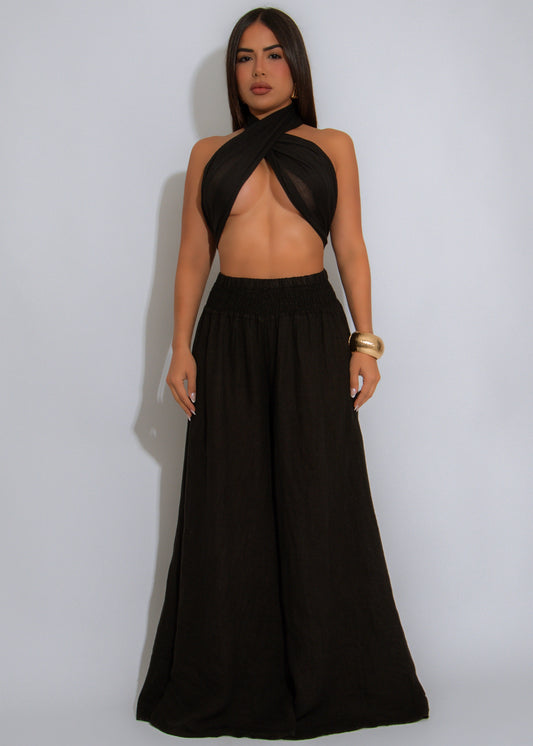 Soleil Ease Linen Ruched Pant Black