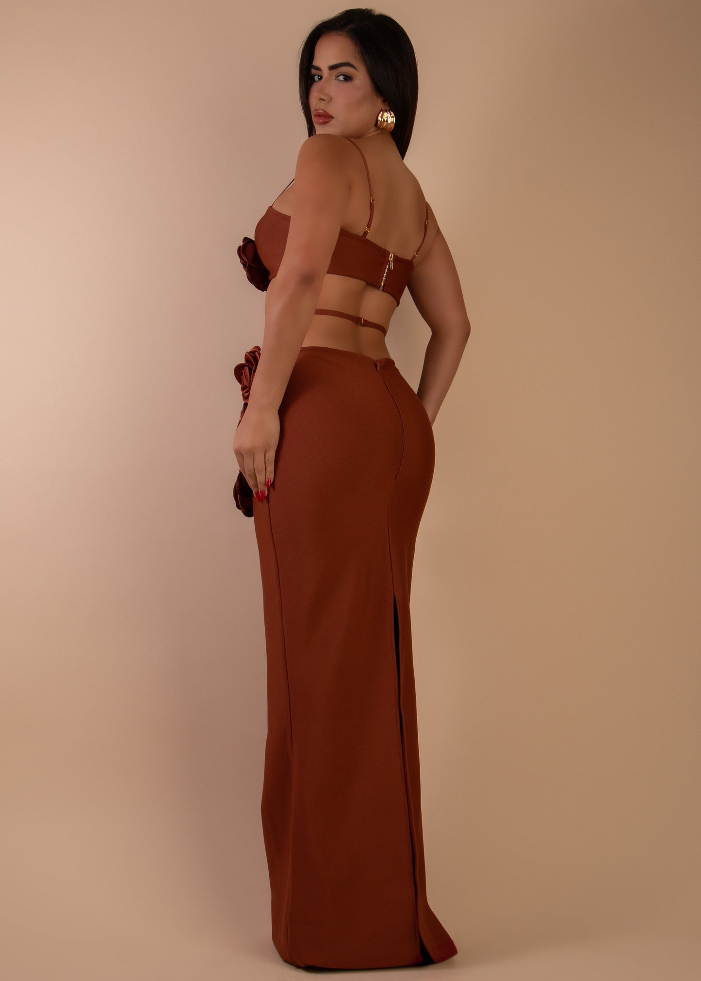 Petal Promise Bandge Floral Skirt Set Brown