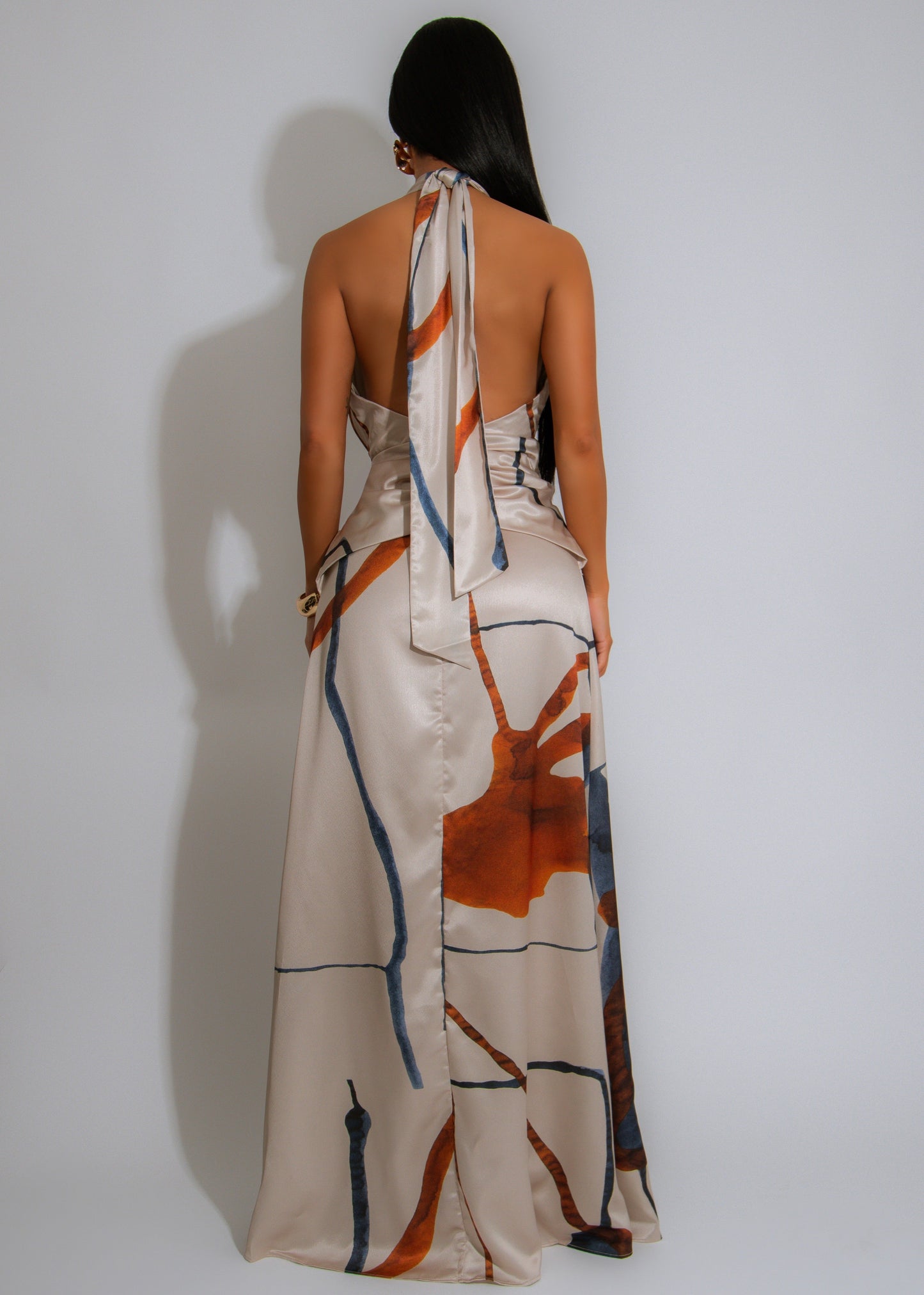 Painted Mirage Satin Ruched Maxi Dress Nude