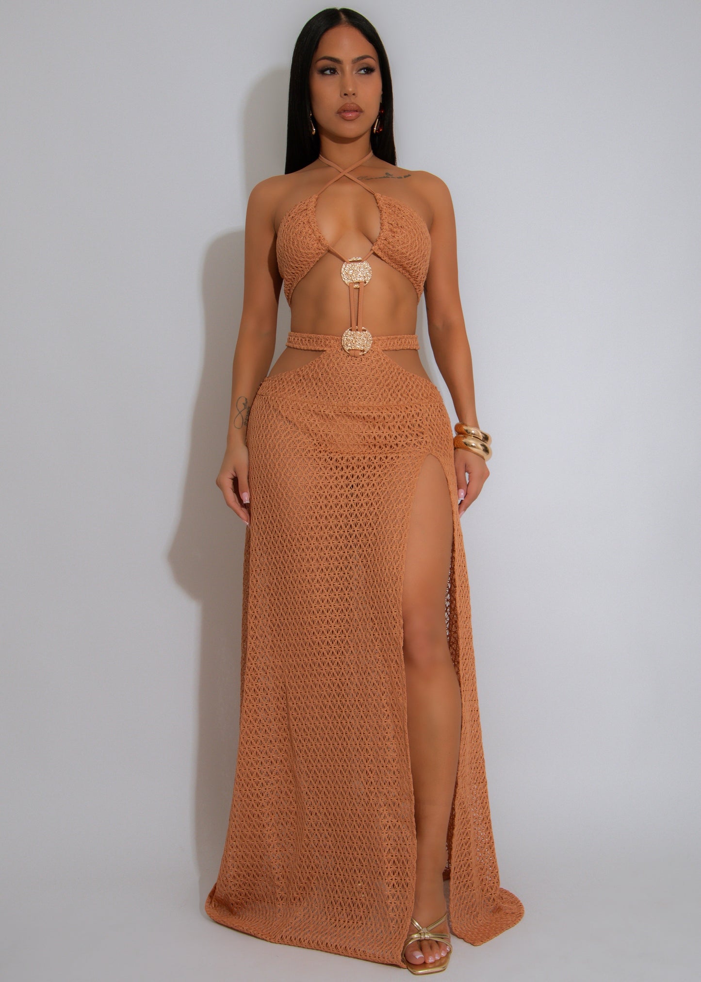 Sandswept Knit Floral Maxi Dress Brown