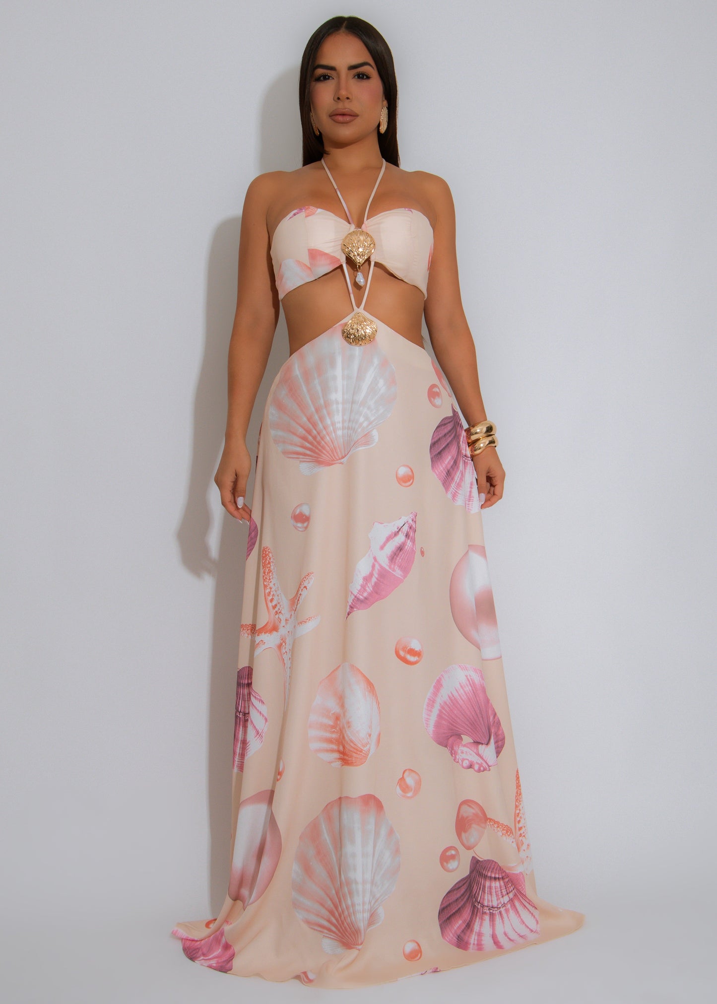 Siren's Whisper Satin Ruched Maxi Dress Nude