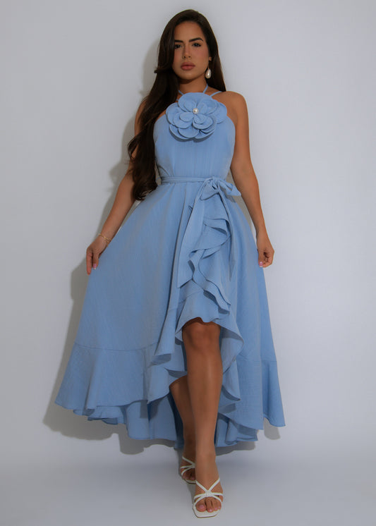 Learning Love Floral Pearl Midi Dress Blue