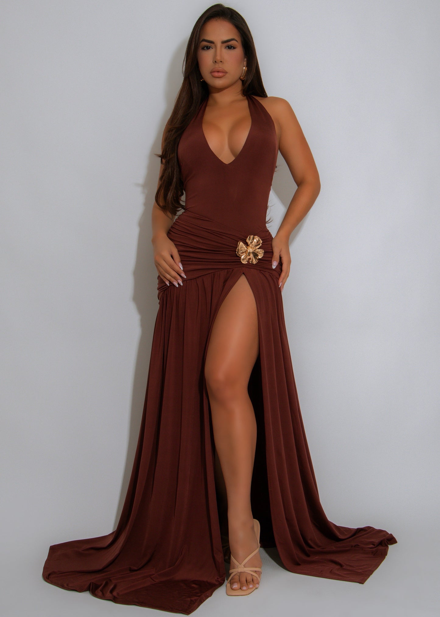 Oasis Whisper Ruched Maxi Dress Brown